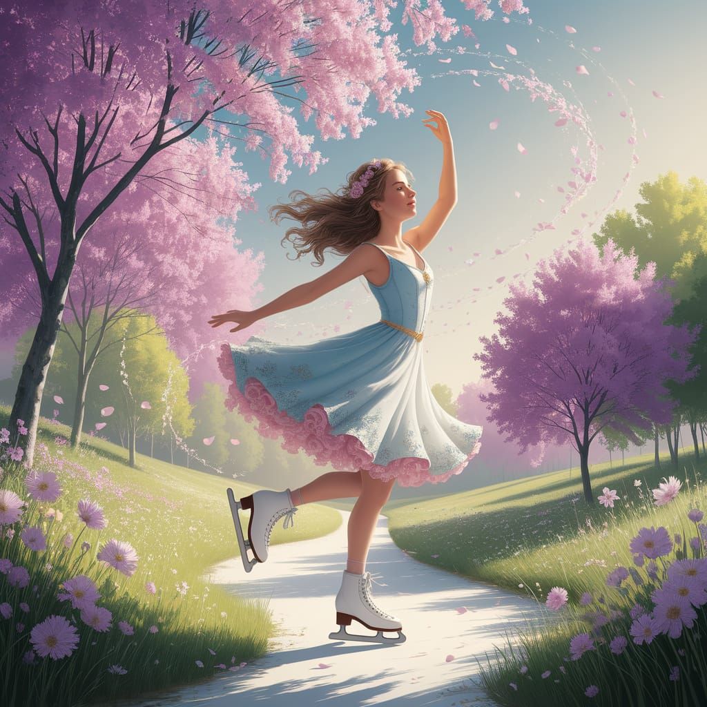 Fantasy Woman Dances in Sunlit Meadow as Digital Painting