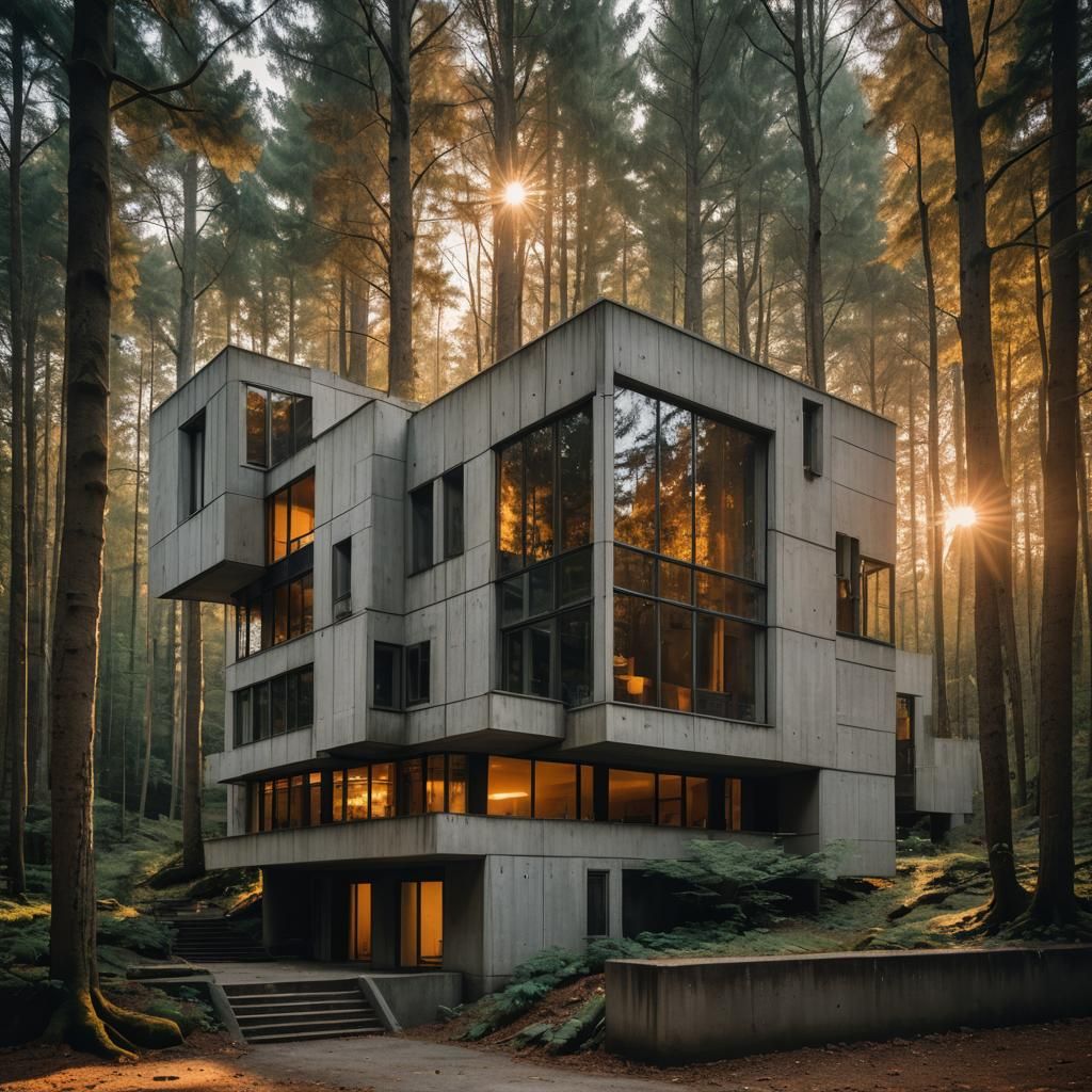 Brutalist House with Glass Walls in Forest at Sunset