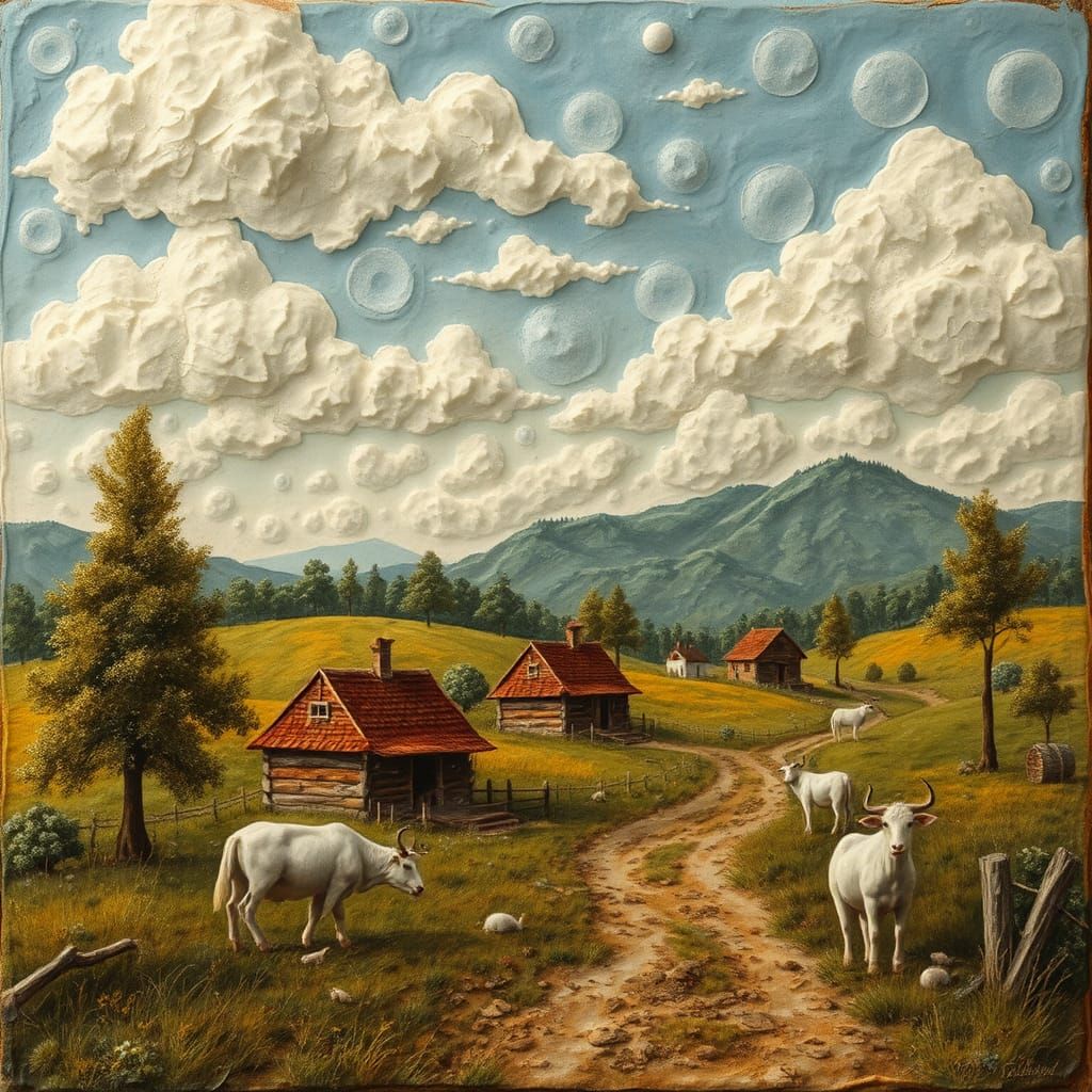 Encaustic Country Village with Animals