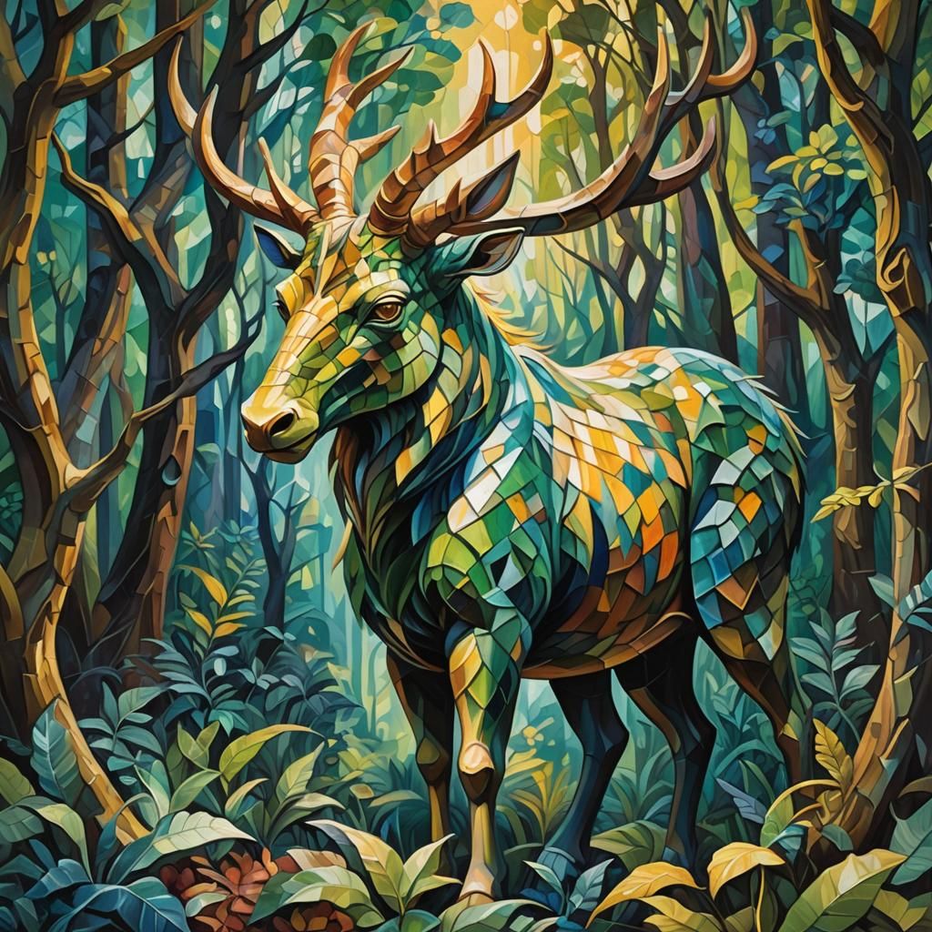 Mythical Creature in Cubist Style Oil Painting