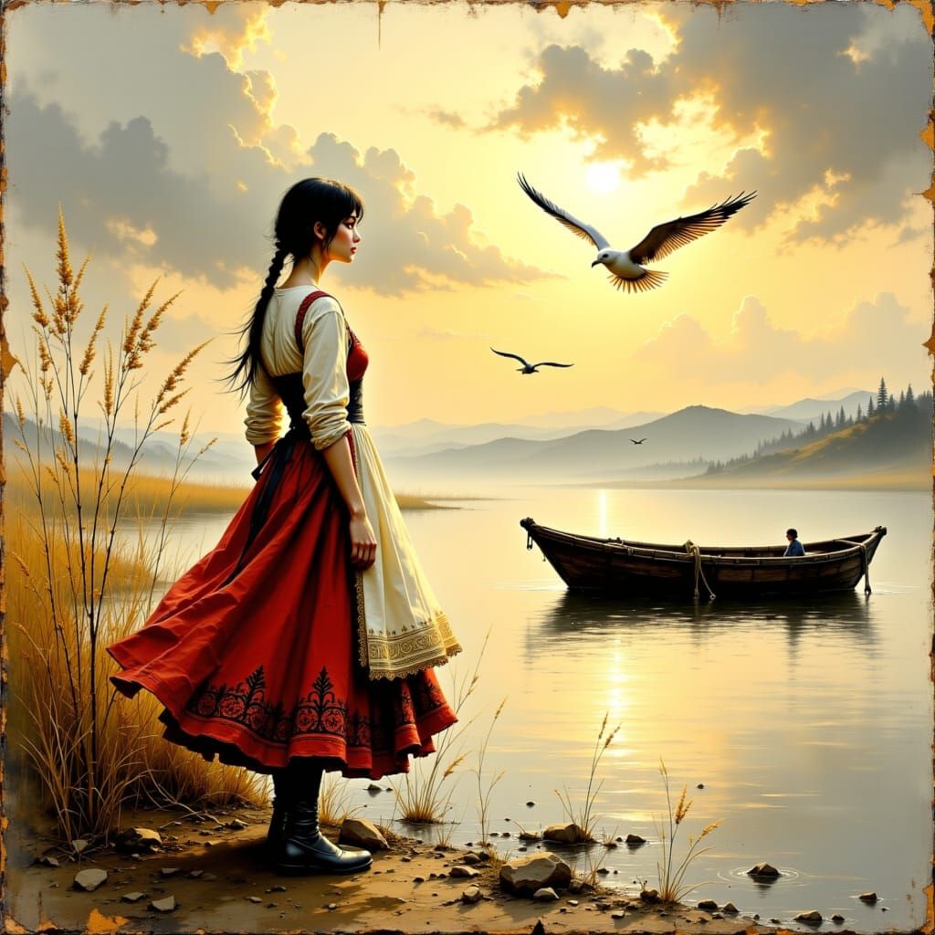 Woman in Folk Dress by Misty Lake, Impasto Style