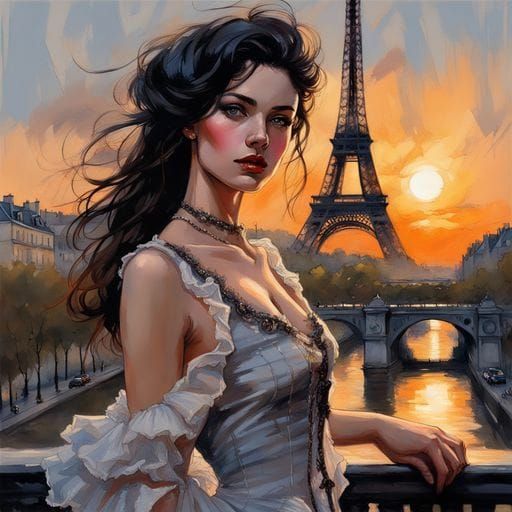 Victorian Woman in Paris Sunset: Splash Art Style