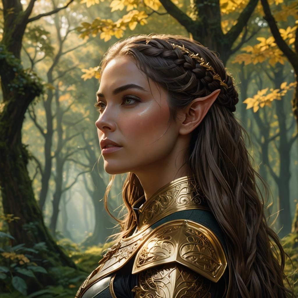 Elven Knight in Golden Forest, Hyperrealistic Digital Art