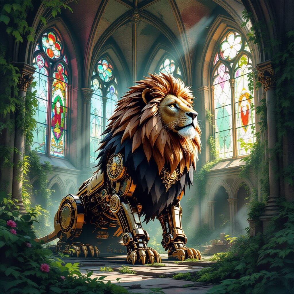 Clockwork Lion Guards Ruined Cathedral in Watercolor Style