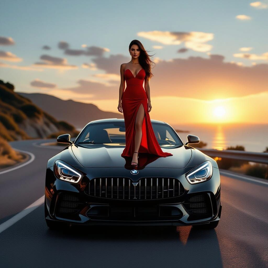 BMW Sports Car and Woman on Coastal Road at Sunset