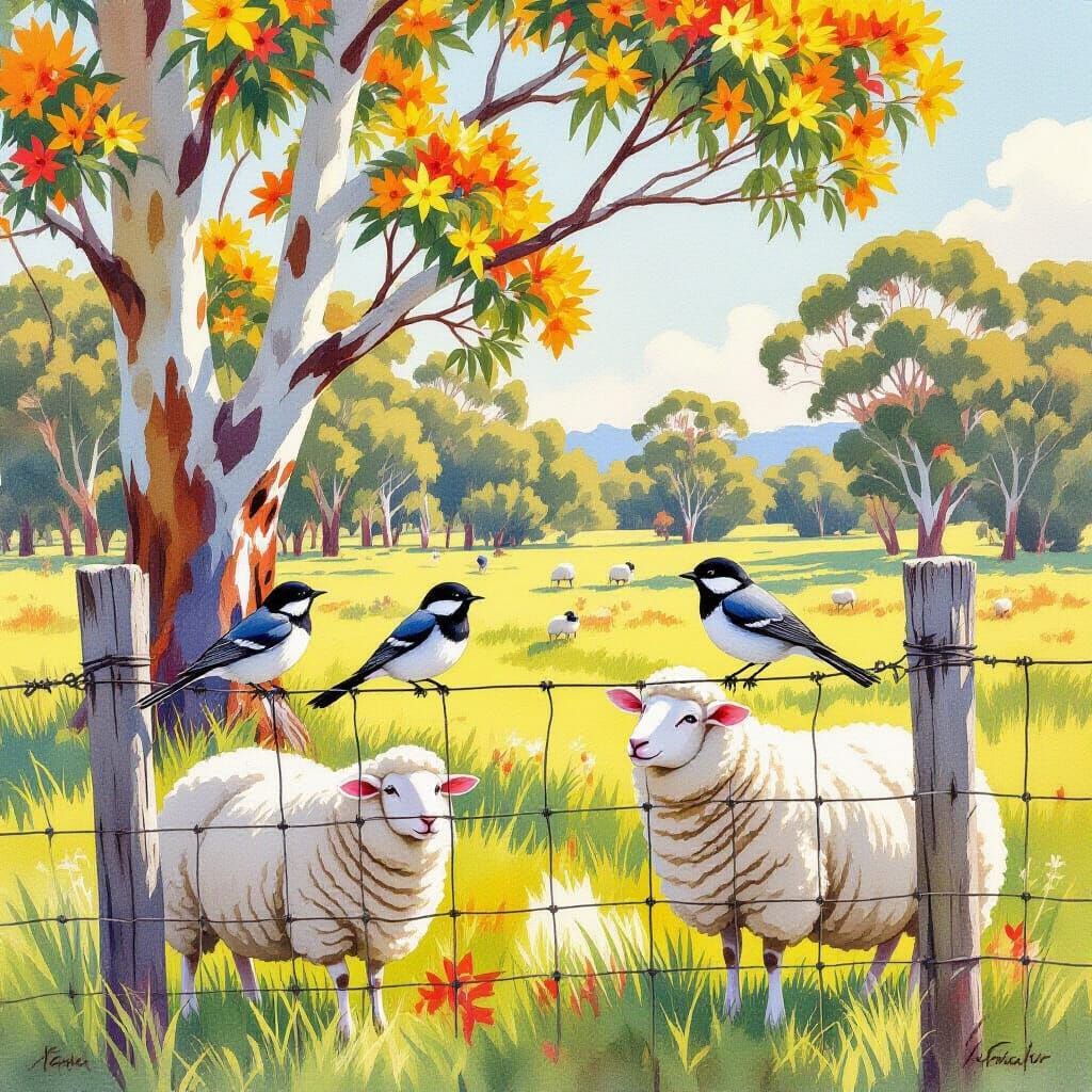 Willy Wagtails on a Fence in Watercolor Style