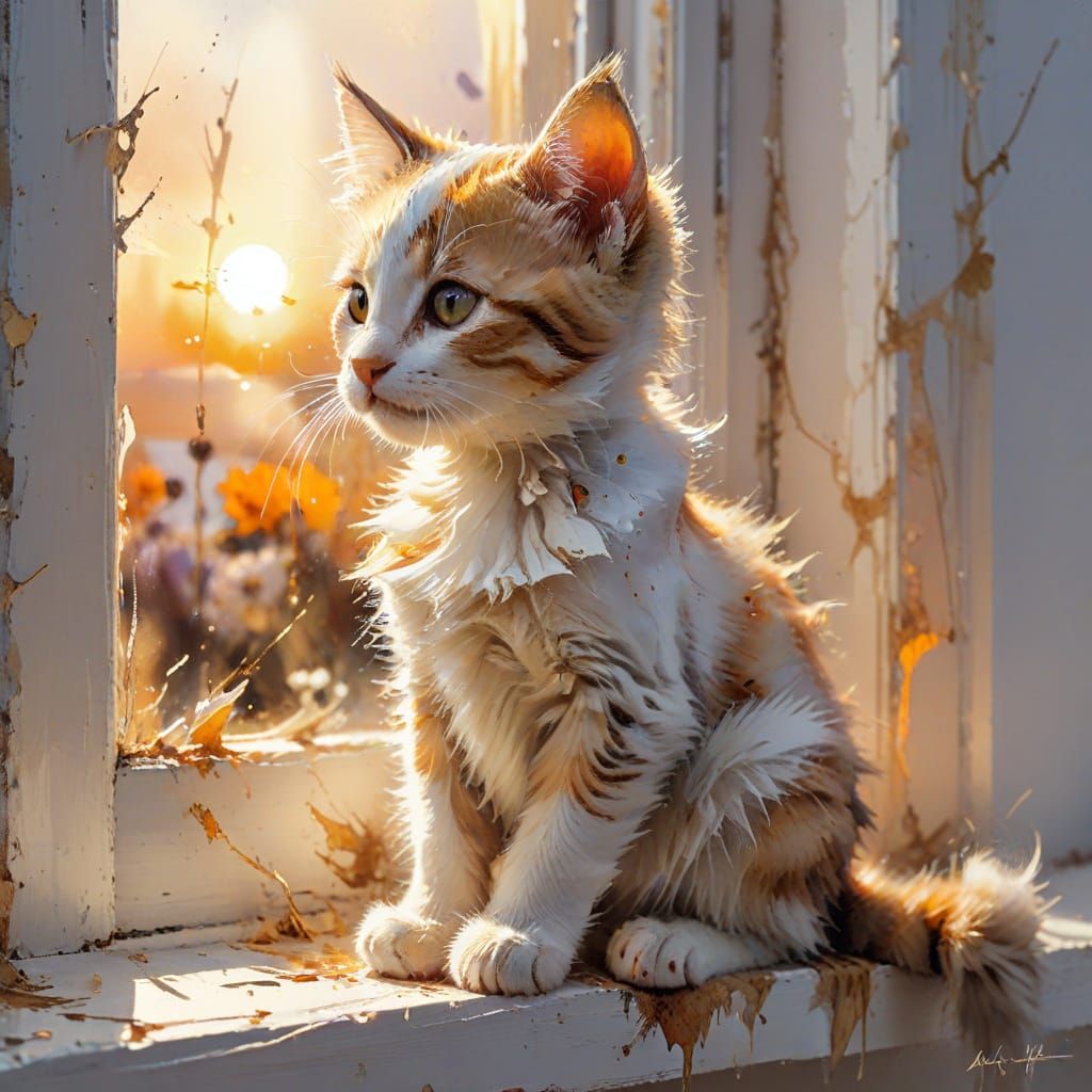 Kitten on Windowsill in Watercolor Style Sunset