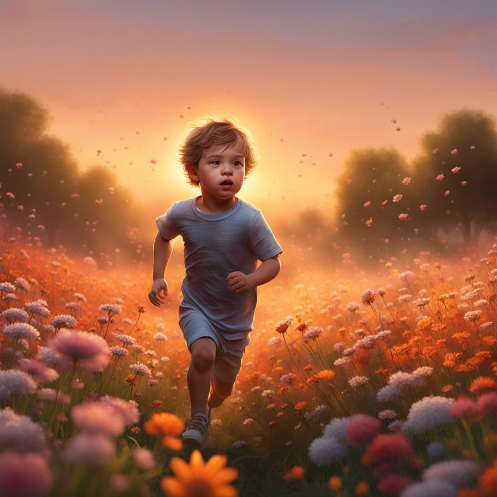 Boy Runs in Flower Field: Hyperrealistic Splash Art