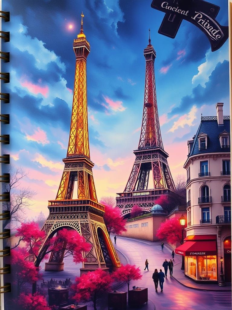 Paris-Themed Bullet Journal Cover Art in Detailed Digital Pa...