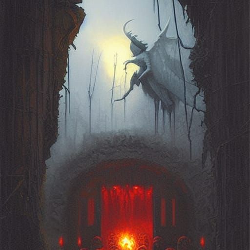 Sinister Devil Guarding Gates of Hell: Oil Painting