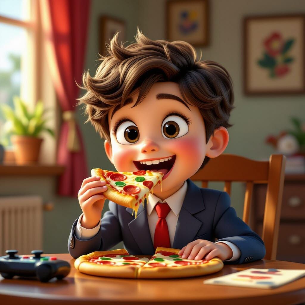 Joyful Child in Modern Suit Eats Pizza While Gaming
