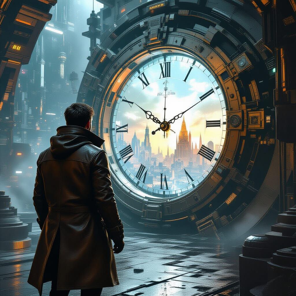 Time Traveler Gazing into Shimmering Portal