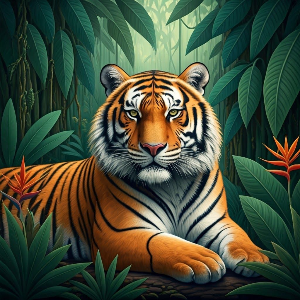 Majestic Tiger in Vibrant Jungle Canopy, Inspired by Fauvist...