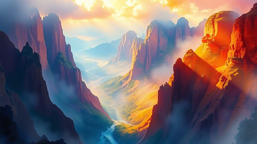 Vibrant Watercolor Landscape in Epic Style