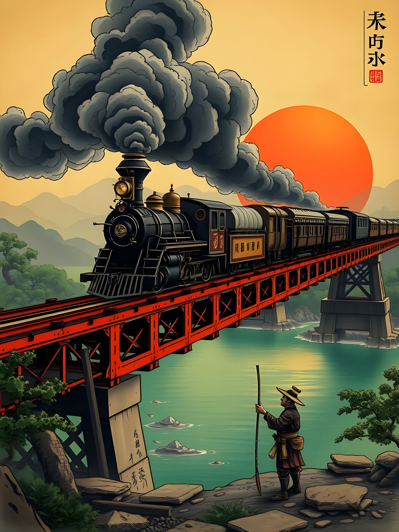 Steampunk Locomotive on Japanese Bridge, Ukiyo-e Style