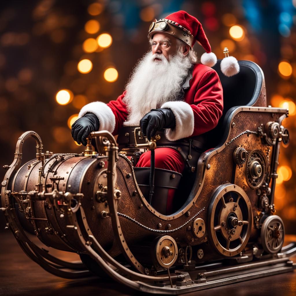 Steampunk Santa in Detailed Hyperrealistic Sled