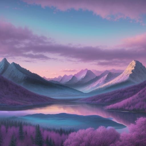 Fantasy Realm Landscape with Glowing Peaks in Airbrush Style