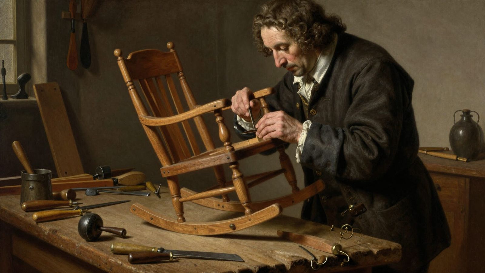 18th Century Carpenter Crafting Rocking Chair in Oil Paintin...