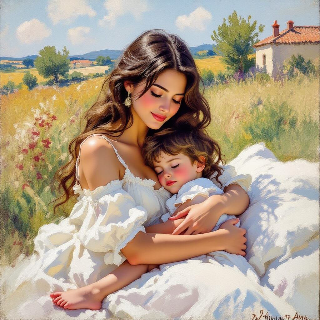 Mother and Child in Southern France, Impressionist Style