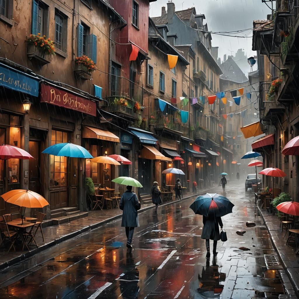 Rainy Village Street with Umbrellas in Splash Art Style