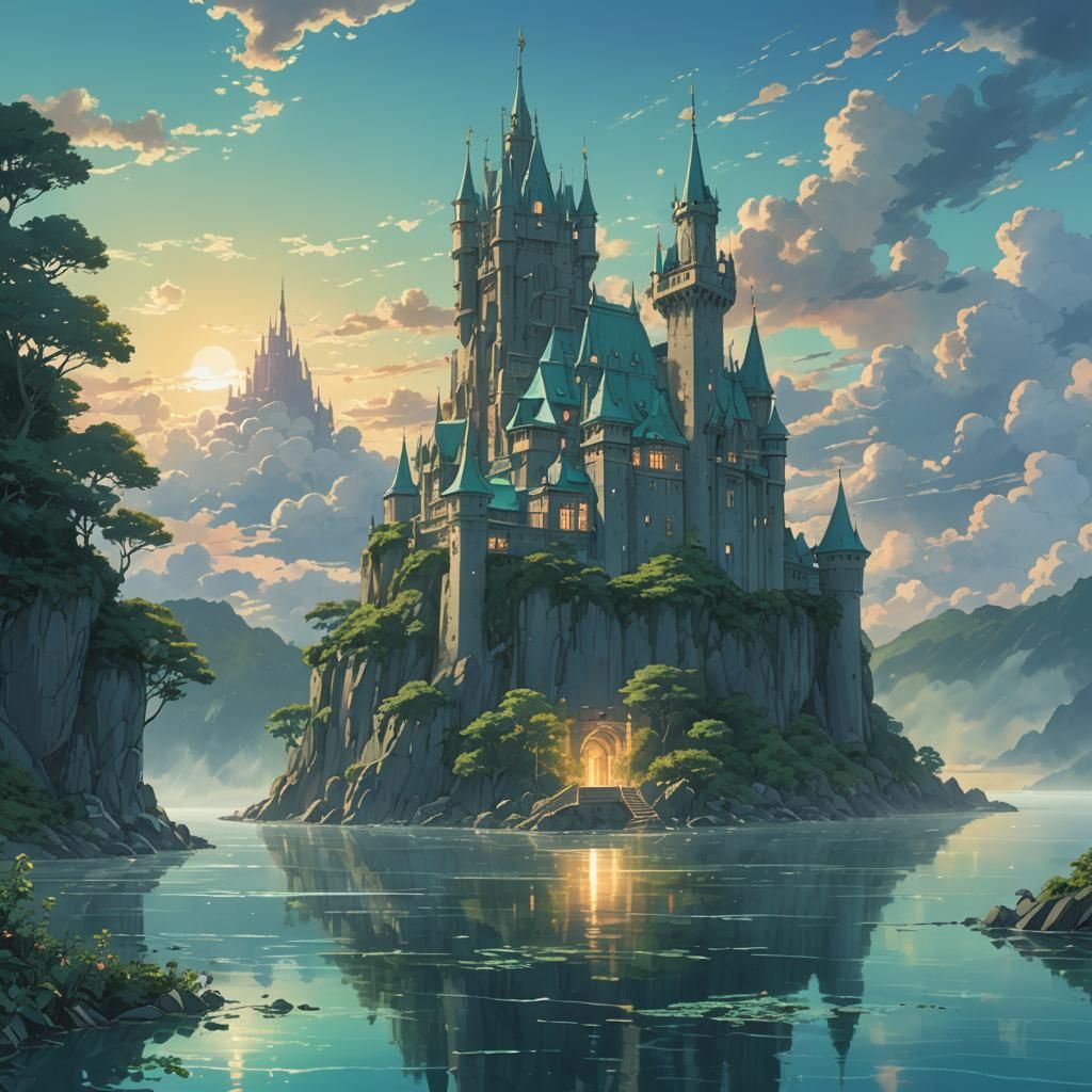 Teal Rose Castle with Mythical Monster, Anime Style