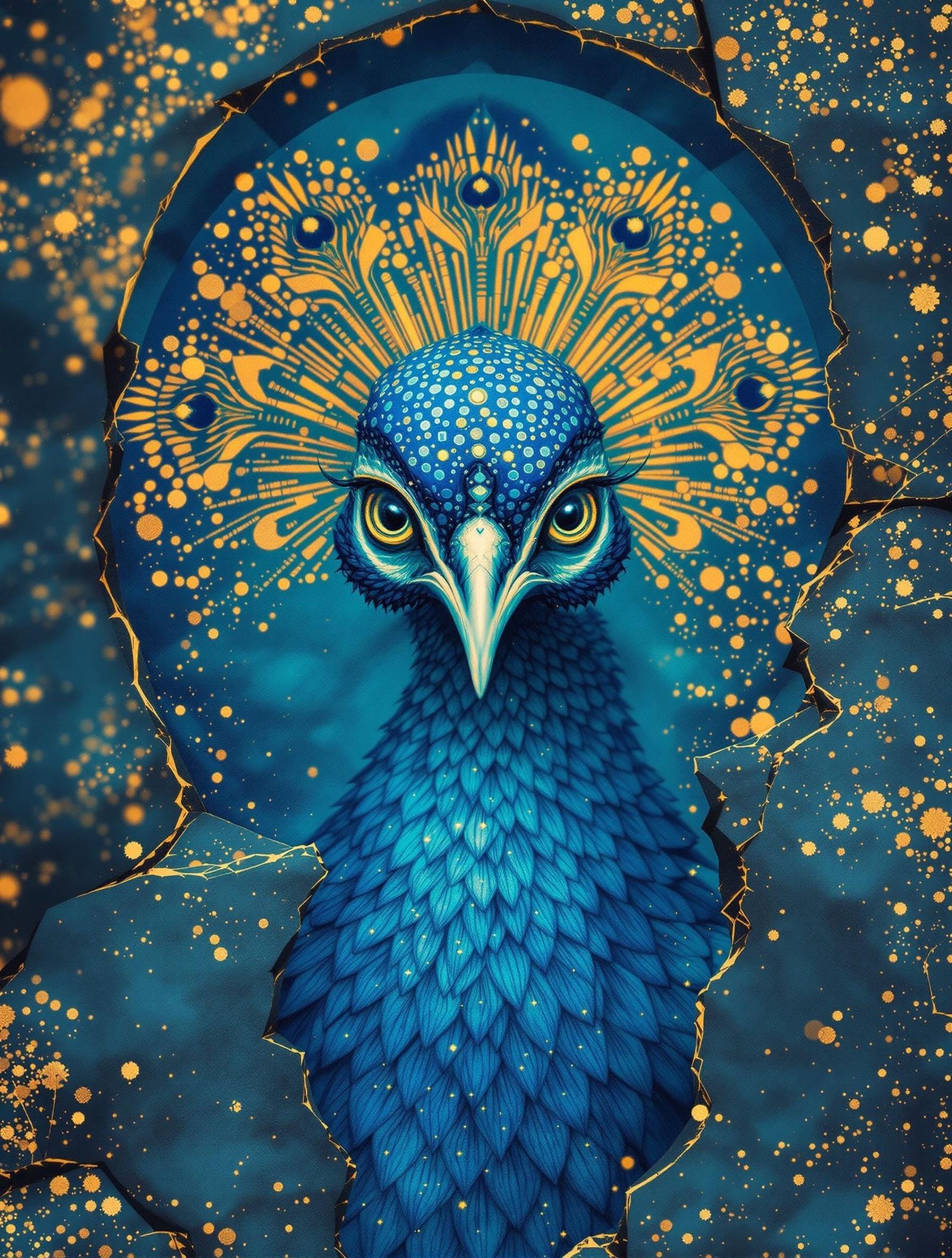Mythic Peacock Emerge in Digital Cyanotype