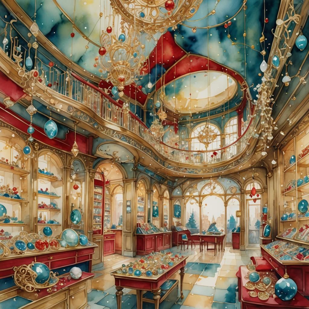 Whimsical Luxury Jewelry Shop in Warm Golden Light