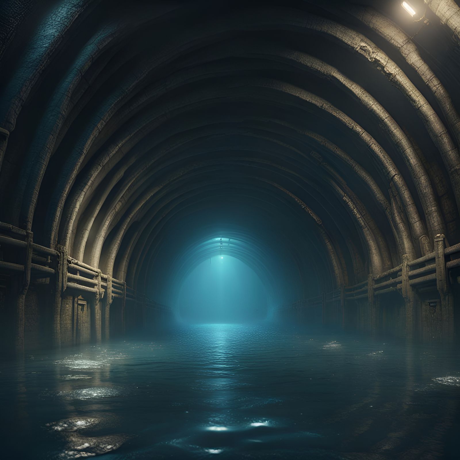 Long Dark Underwater Tunnel in Detailed Matte Painting