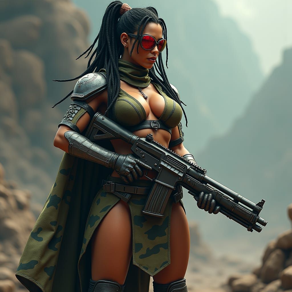 Latina Warrior in Zebra Armor, Duo-Tone Cyberpunk Style