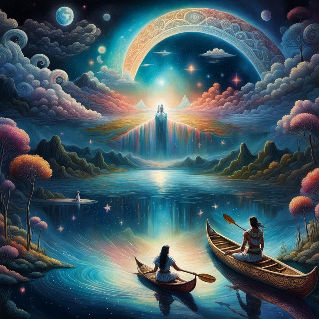 Cosmic Lake Illustration with Canoe and Rainbows