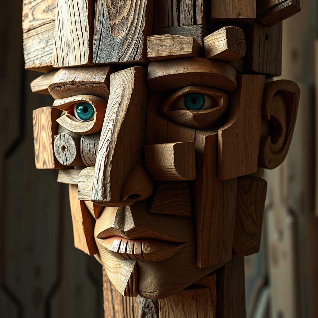 Cubist Wooden Face Sculpture in a Modernist Style