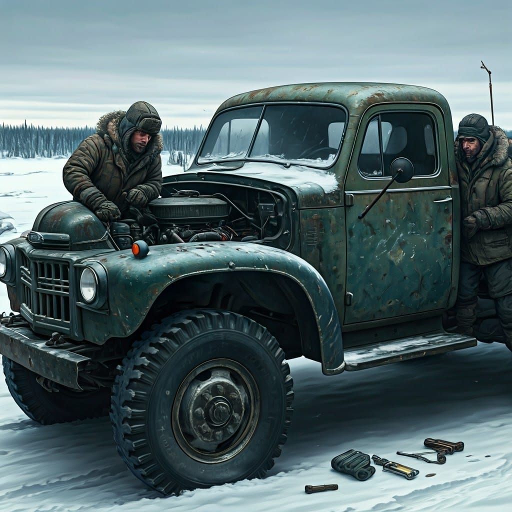 Frozen Quebec: Survivalists Repair Truck in Winter Landscape