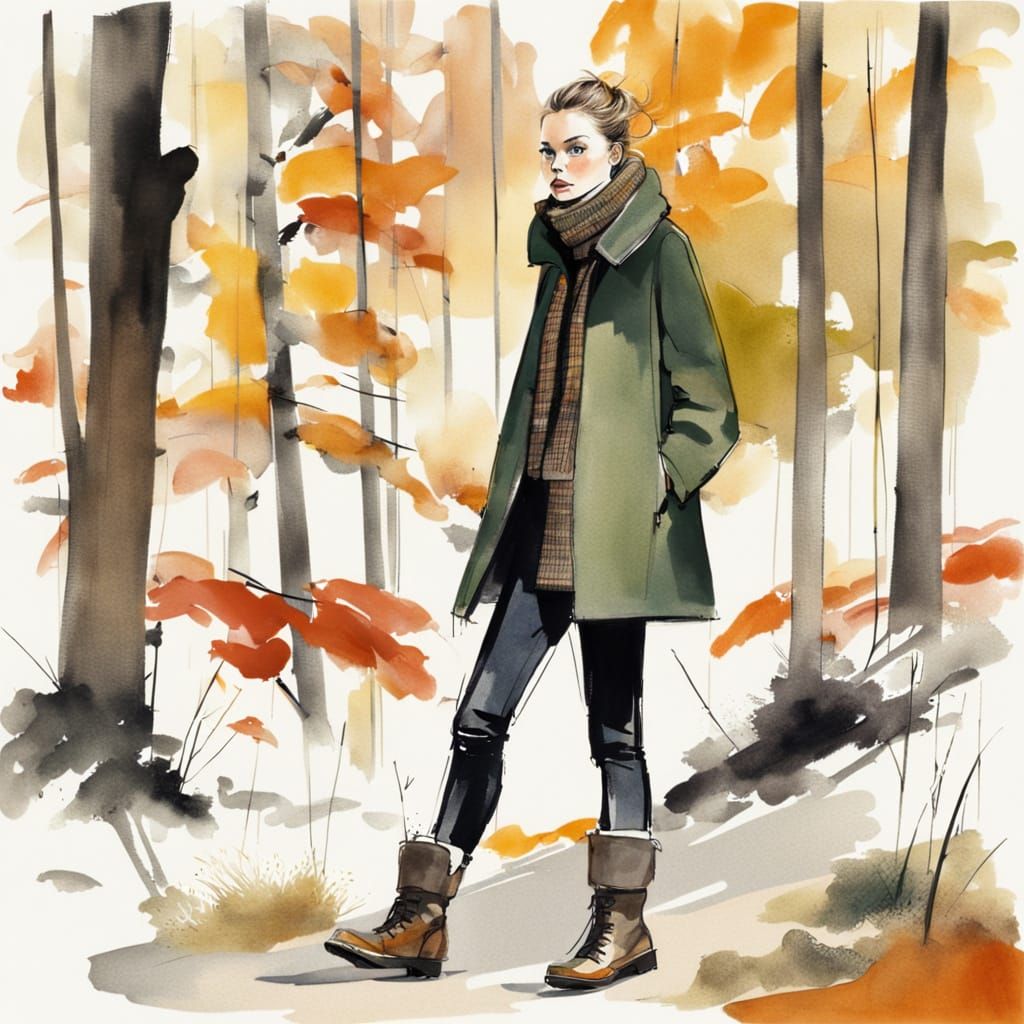 Fashion Sketch of Girl in Autumn Forest