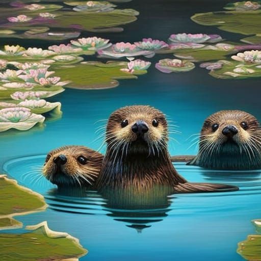 Otters Swimming in Waterlillies: Hyperrealistic Splash Art