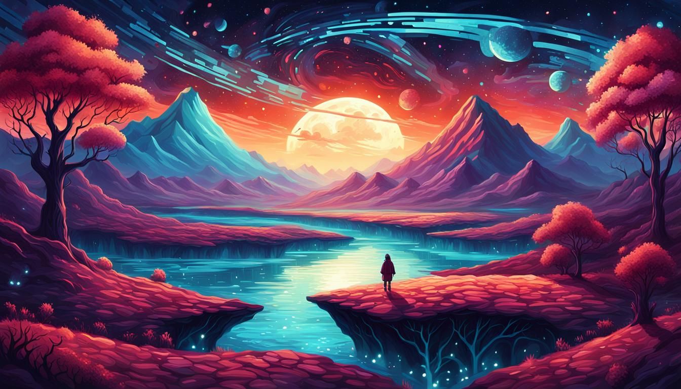 Surreal Cosmic Landscape with Plaid Pattern