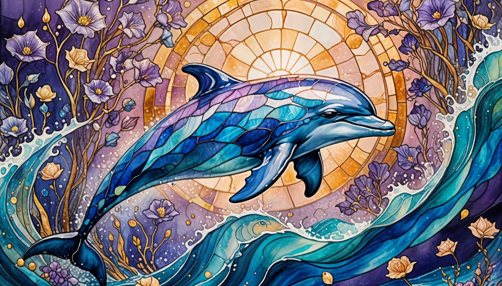 Stained Glass Dolphin Leaps in Alcohol Ink Painting
