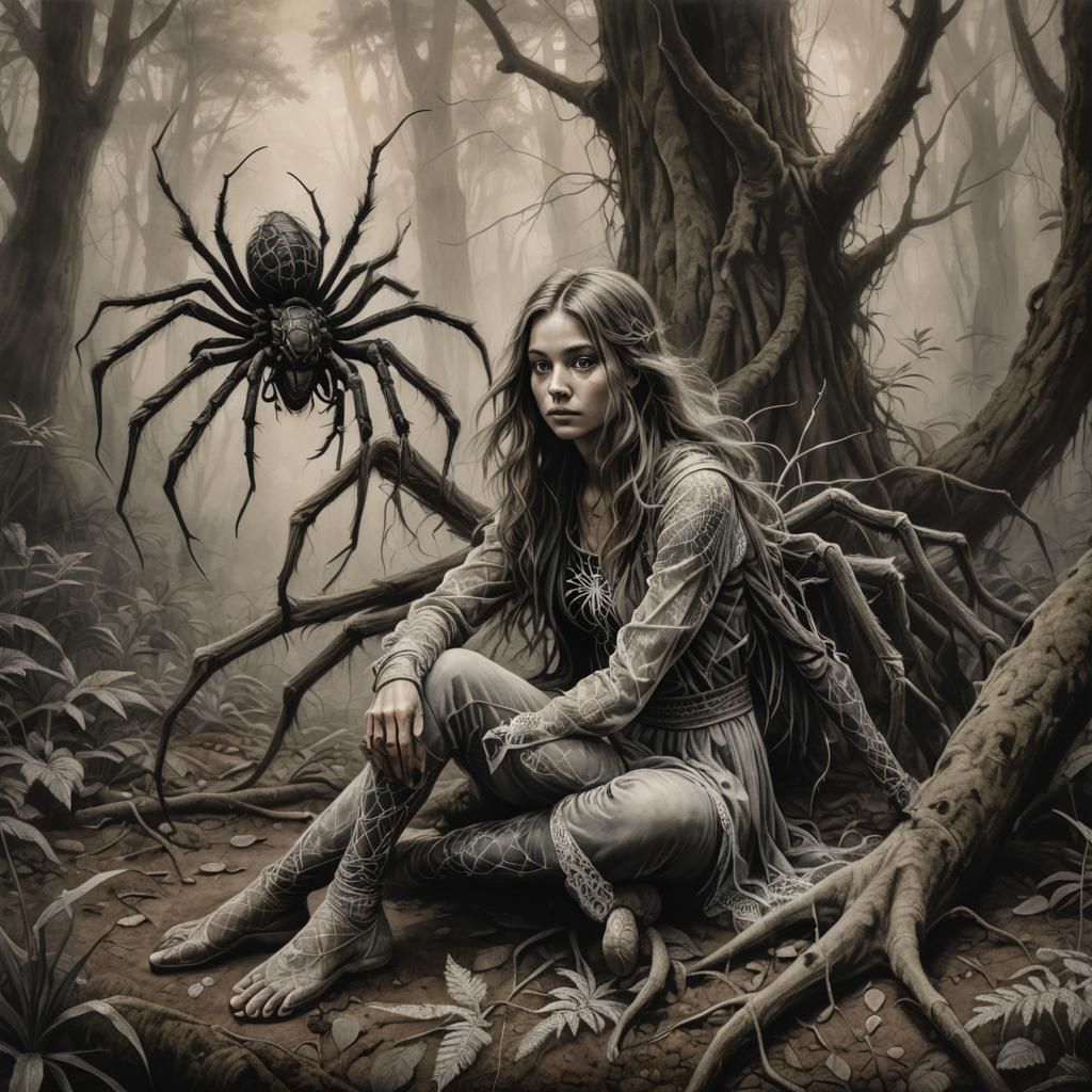 Woman with Fantasy Spider Charcoal Drawing