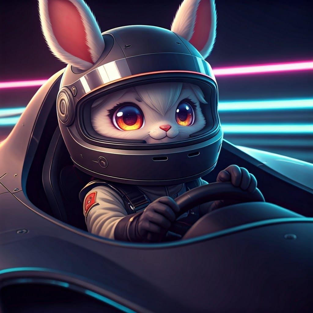 Anime Rabbit Races in Futuristic Car