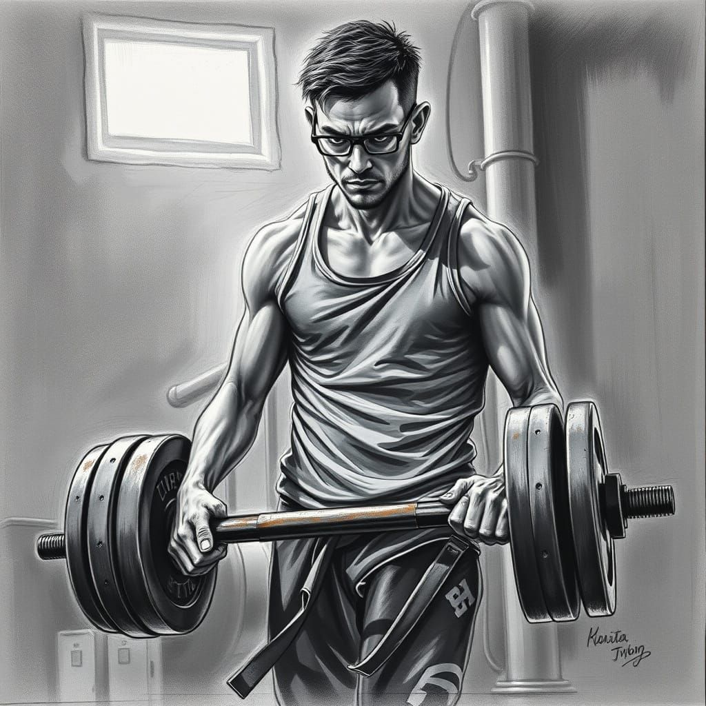 Gritty Gym Struggle in Charcoal Drawing Style