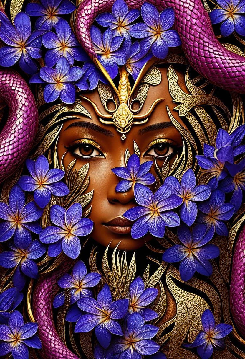 African Woman with Dragon Among Lilies, Digital Art