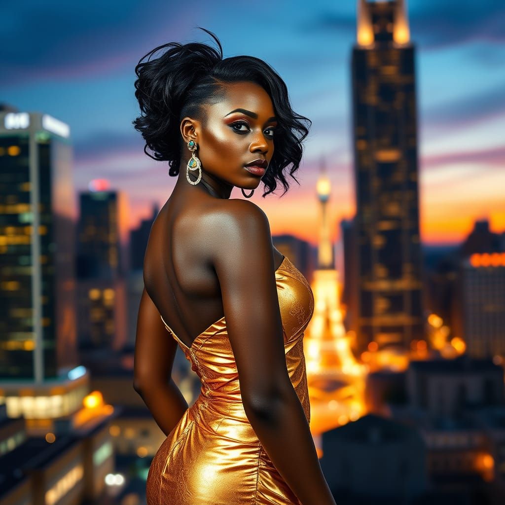 African Transgender Woman in Gold Gown, Photorealistic Portr...