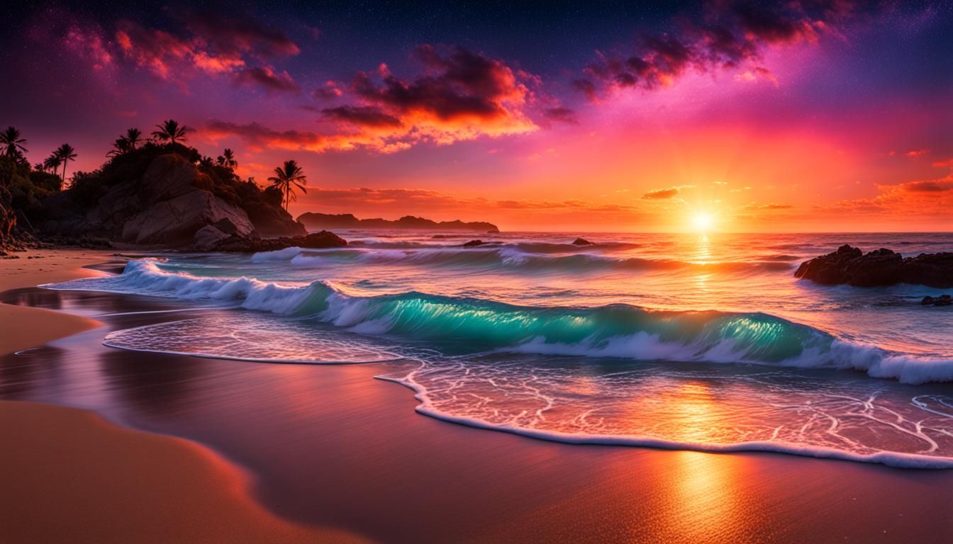 Bioluminescent Sunset on a Starlit Beach