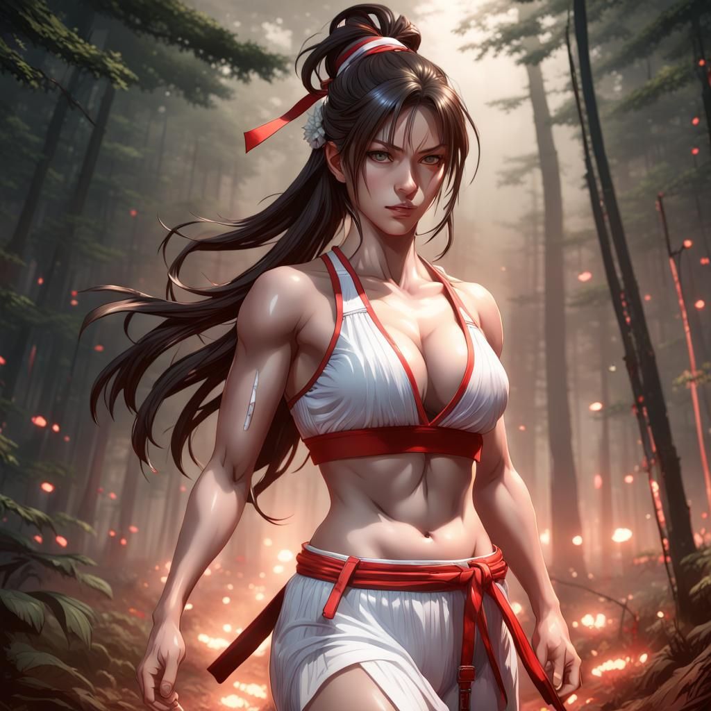 Hyperrealistic Mai Shiranui Portrait in Forest at Night