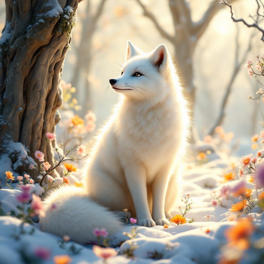 Polar Fox in Summer Wonderland: Stylized 3D Art
