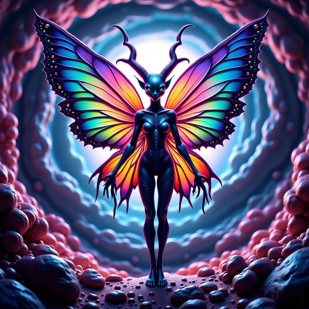 Alien Creature with Butterfly Wings Over Galaxy Vortex