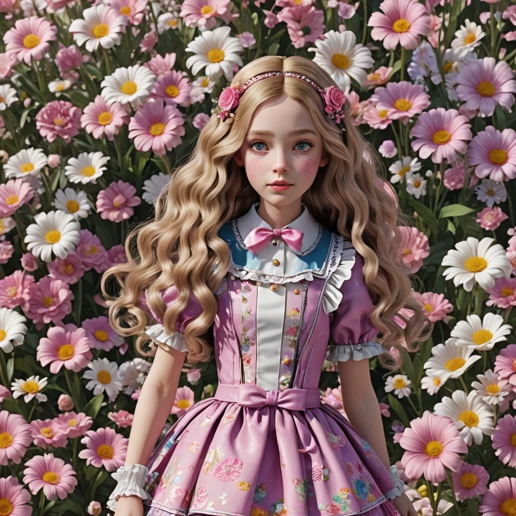 Kawaii Doll in Wonderland: Hyper-Realistic Floral Portrait