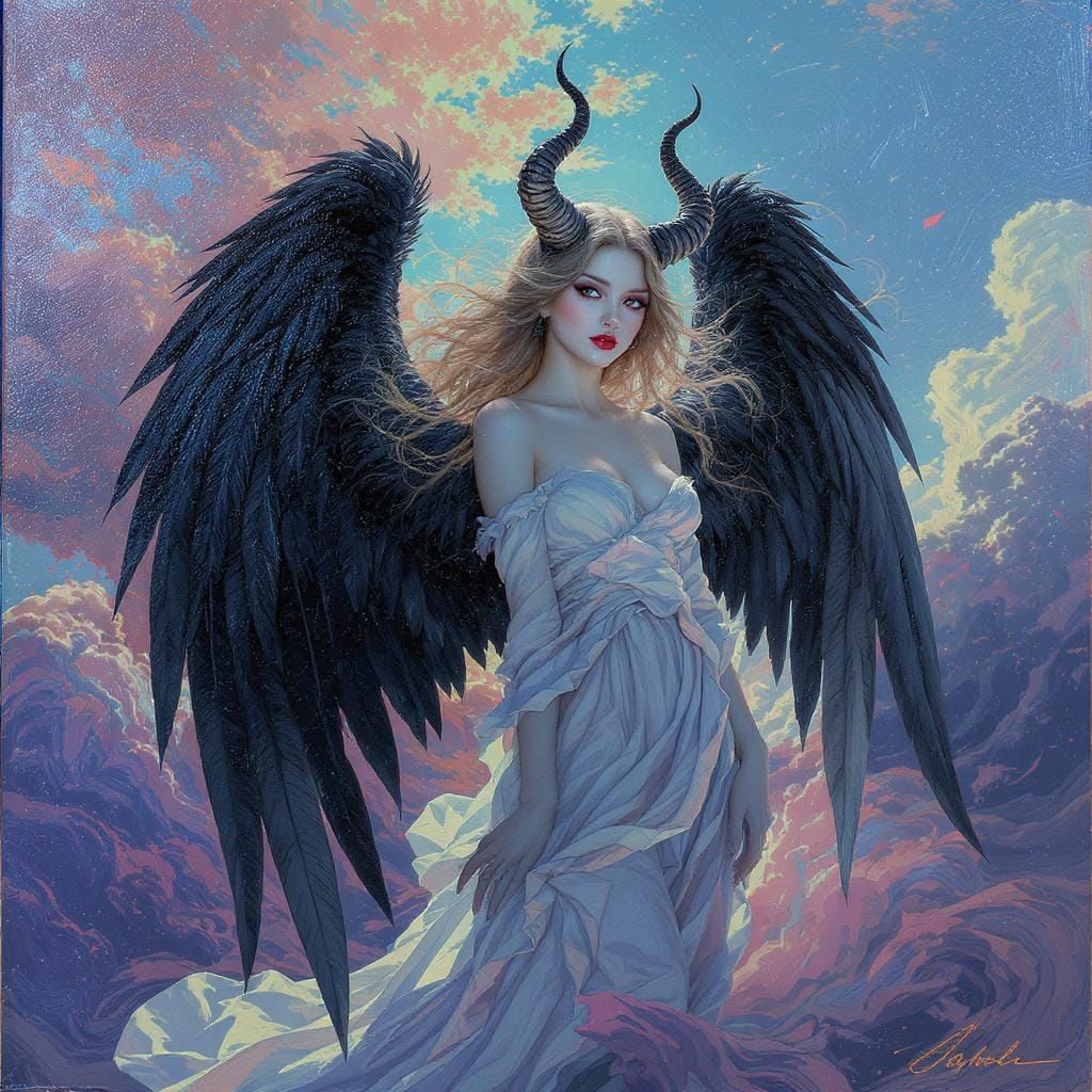 Angel Girl with Faun Horns in Vaporwave Style