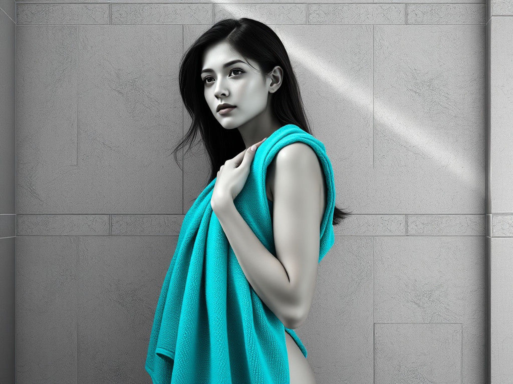 Elegant Woman in Turquoise Towel, Mucha-Inspired Art