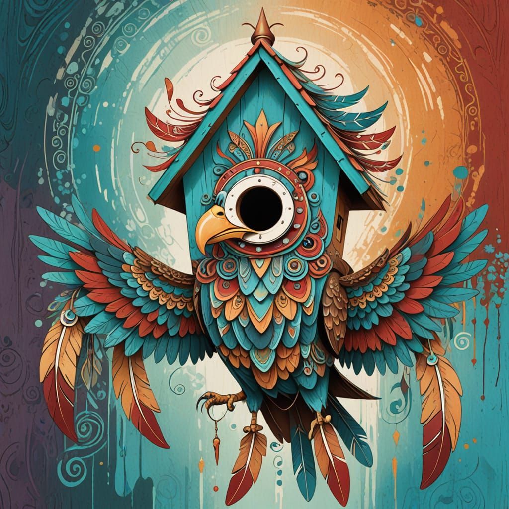 Whimsical Folk Art Eagle Birdhouse Illustration