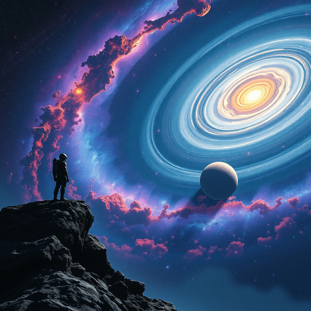 Astronaut Overlooking Galaxy with Vibrant Nebulae